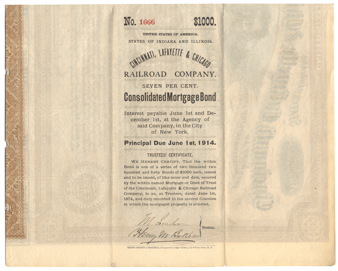 Cincinnati, Lafayette and Chicago Railroad Company Bond Certificate Signed by Adams Earl