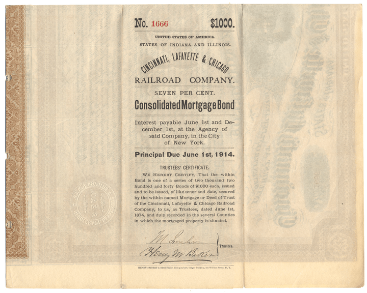 Cincinnati, Lafayette and Chicago Railroad Company Bond Certificate Signed by Adams Earl