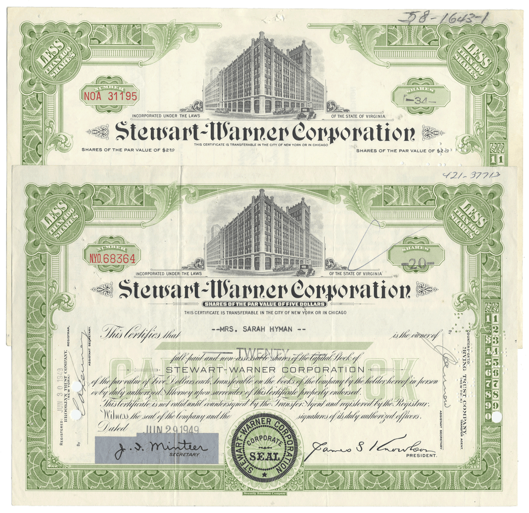Stewart-Warner Corporation stock certificates with green and white design.