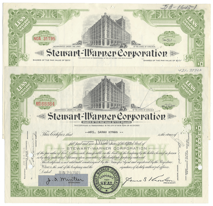 Stewart-Warner Corporation stock certificates with green and white design.