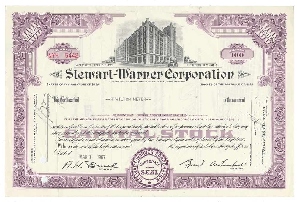 Stewart-Warner Corporation stock certificate with purple and white design
