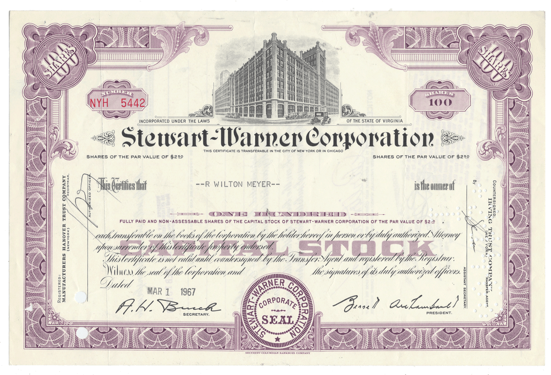Stewart-Warner Corporation stock certificate with purple and white design