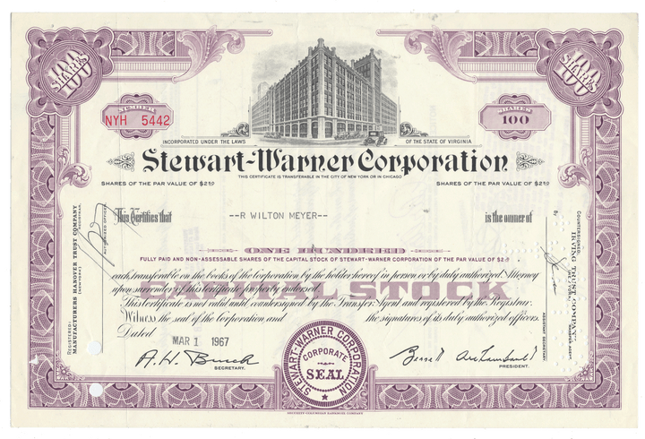Stewart-Warner Corporation stock certificate with purple and white design