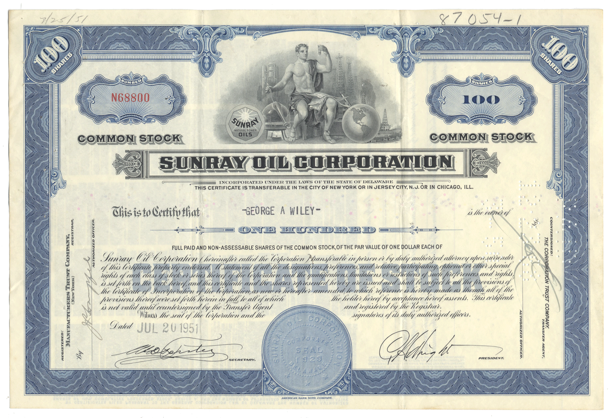Sunray Oil Corporation stock certificate with blue and white design