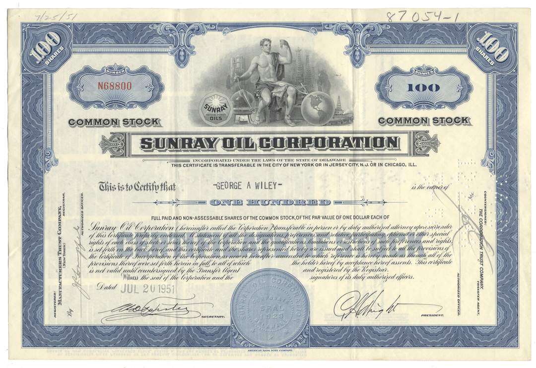 Sunray Oil Corporation stock certificate with blue and white design