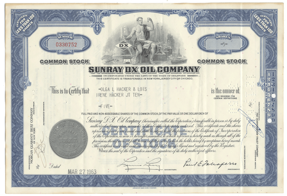 Vintage stock certificate of Sunray DX Oil Company from 1963