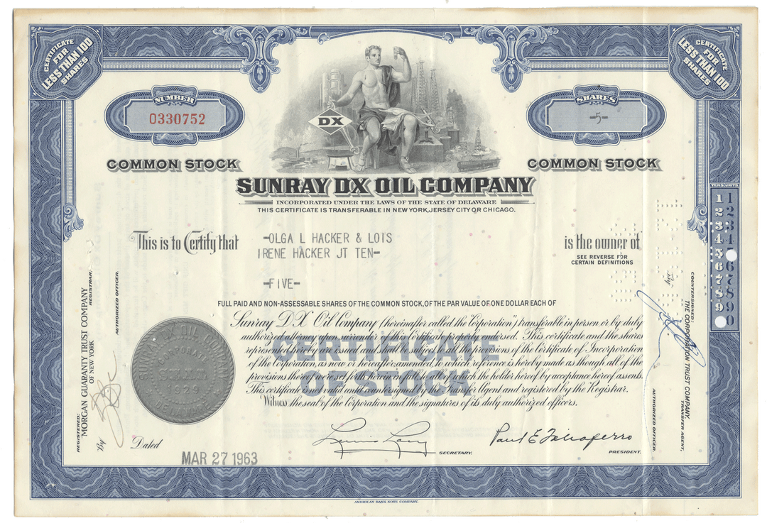 Vintage stock certificate of Sunray DX Oil Company from 1963