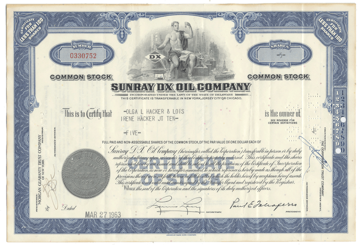 Vintage stock certificate of Sunray DX Oil Company from 1963