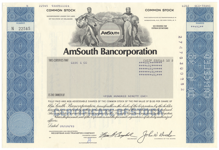 AmSouth Bancorporation Stock Certificate