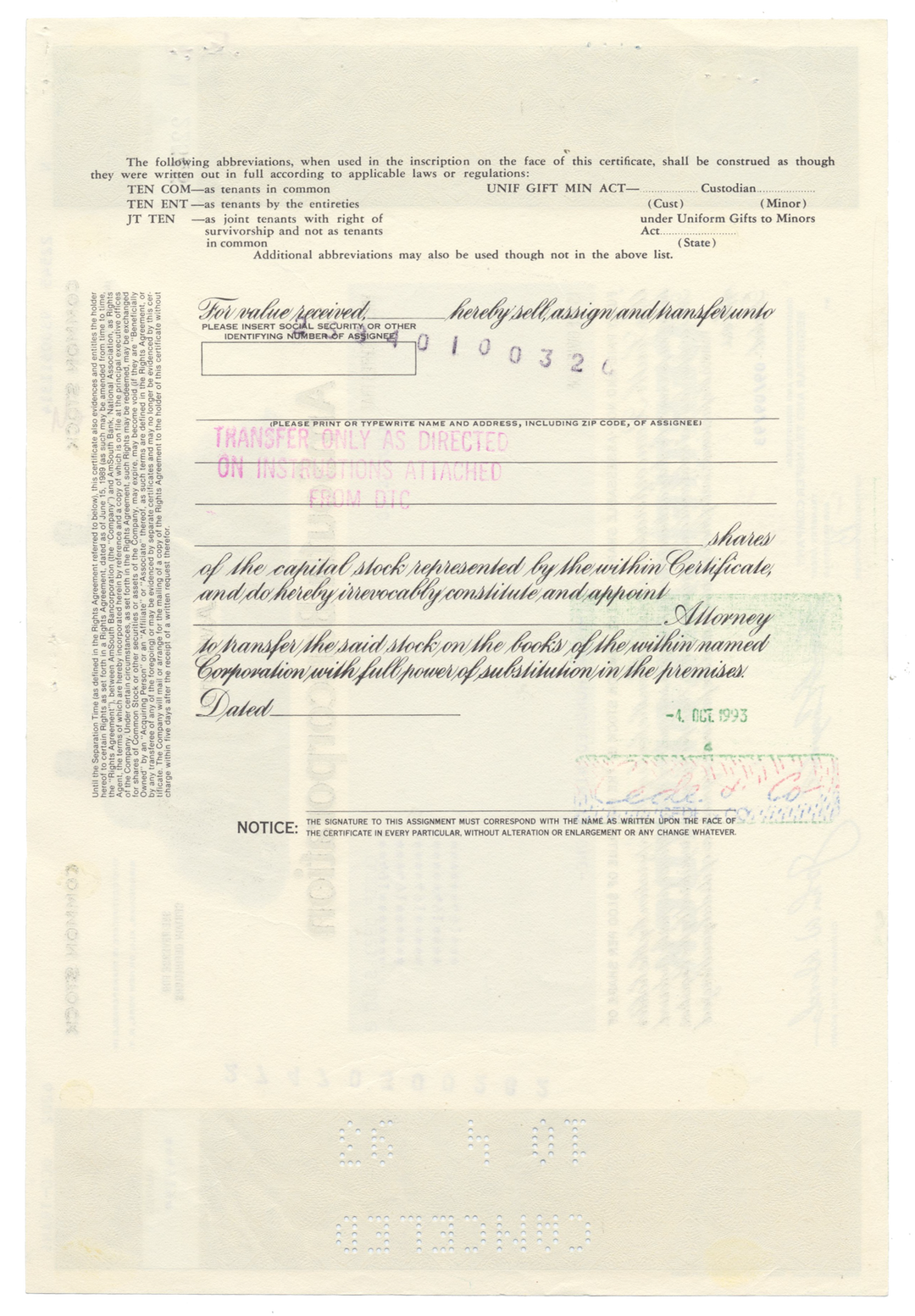 AmSouth Bancorporation Stock Certificate