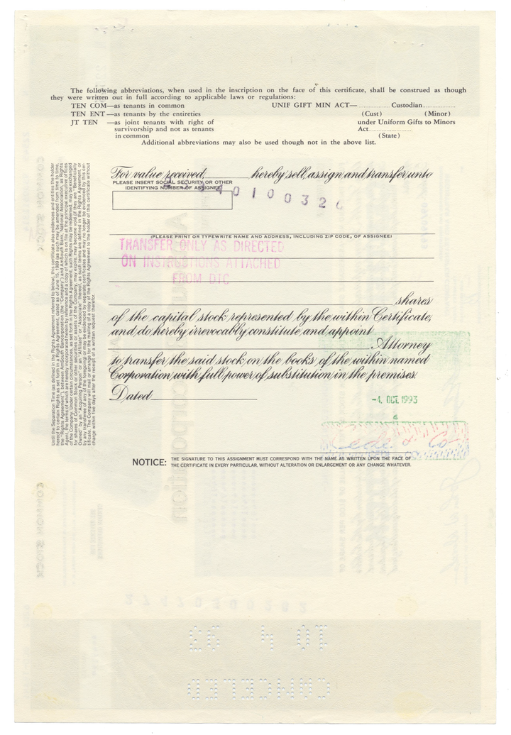 AmSouth Bancorporation Stock Certificate