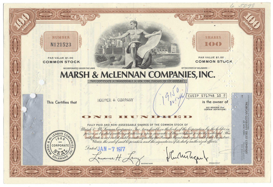 Vintage stock certificate from Marsh & McLennan Companies, Inc.