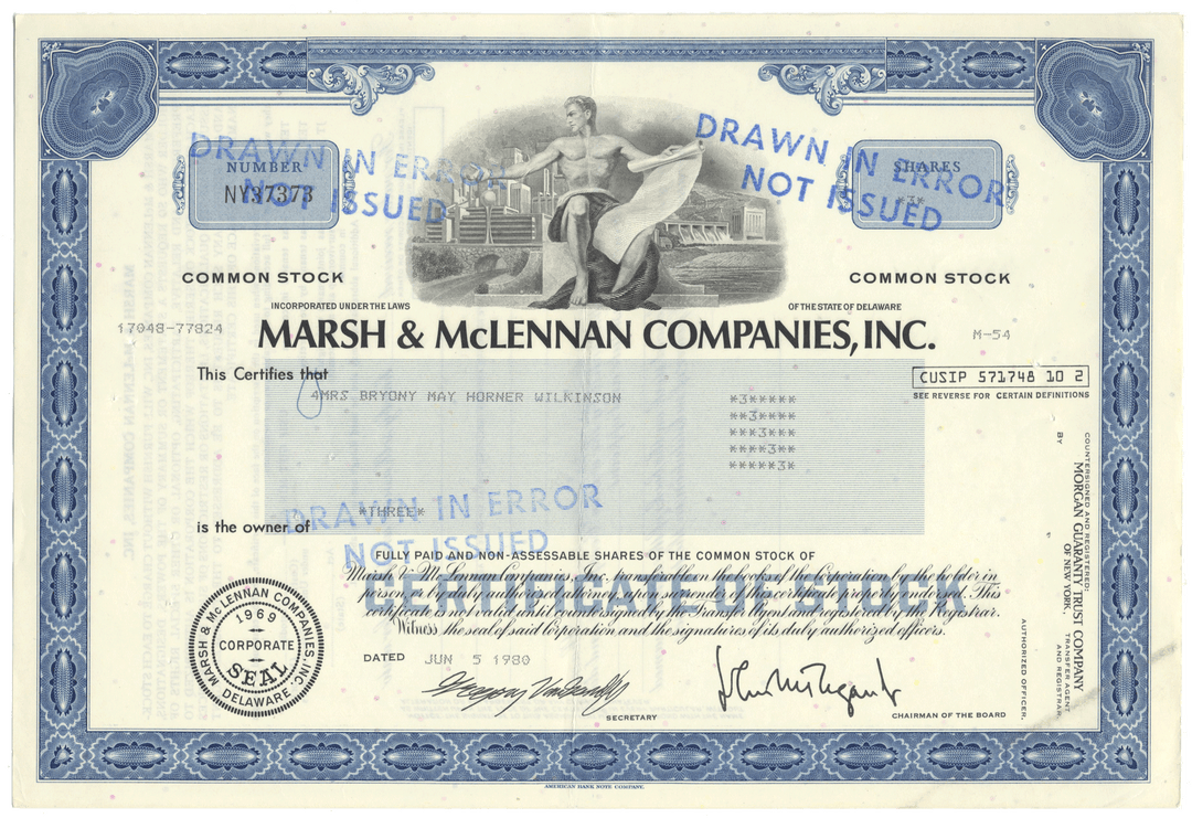 Certificate of Stock from Marsh & McLennan Companies, Inc. with blue border and text.