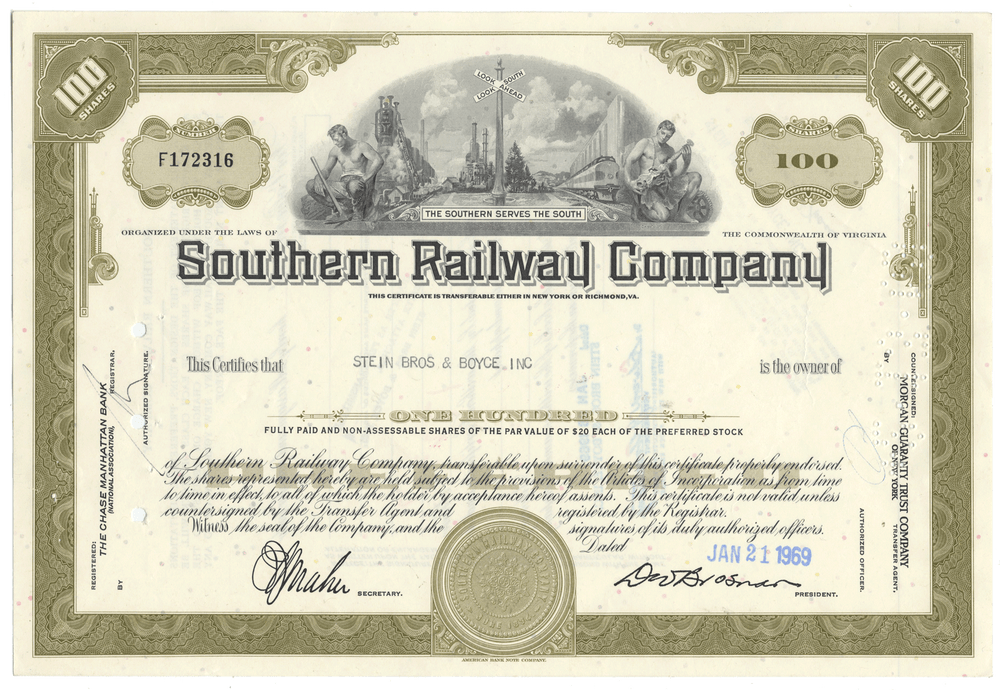 Southern Railway Company stock certificate with detailed design and text.