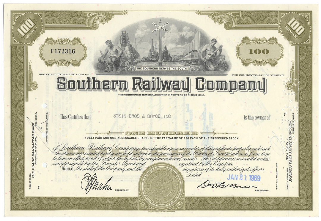 Southern Railway Company stock certificate with detailed design and text.