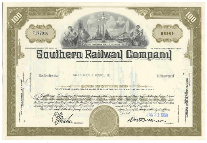 Southern Railway Company stock certificate with detailed design and text.