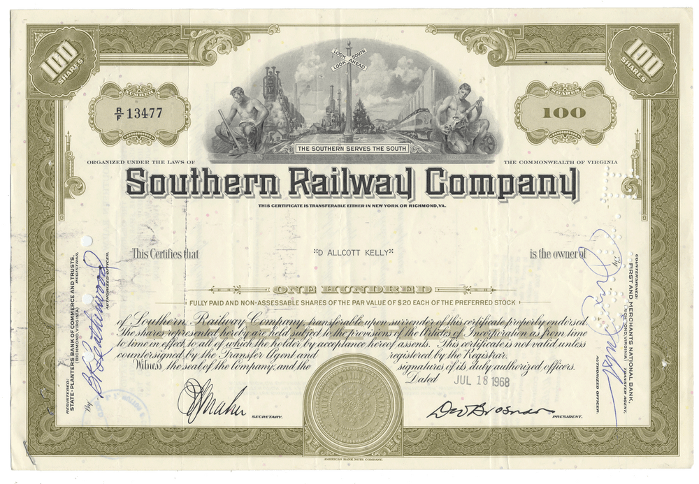 Southern Railway Company stock certificate from 1968