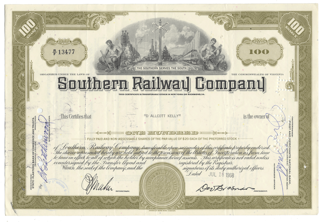 Southern Railway Company stock certificate from 1968