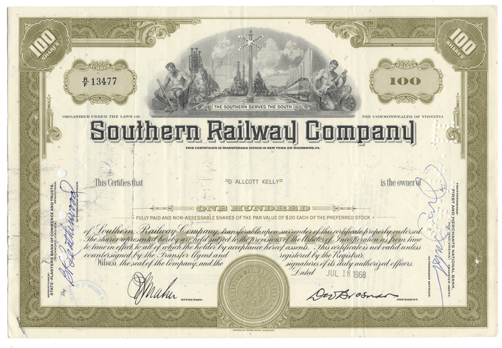 Southern Railway Company stock certificate from 1968