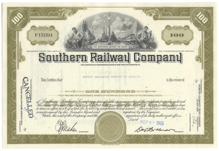 Southern Railway Company stock certificate with scenic illustration