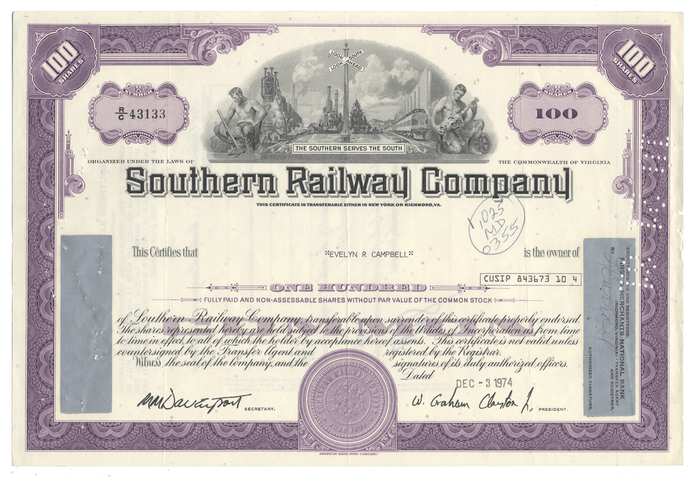 Southern Railway Company stock certificate from 1974