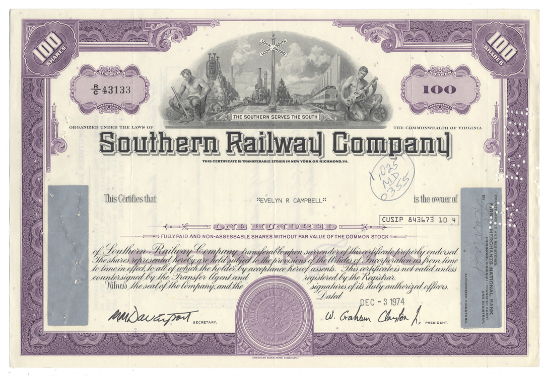 Southern Railway Company stock certificate from 1974