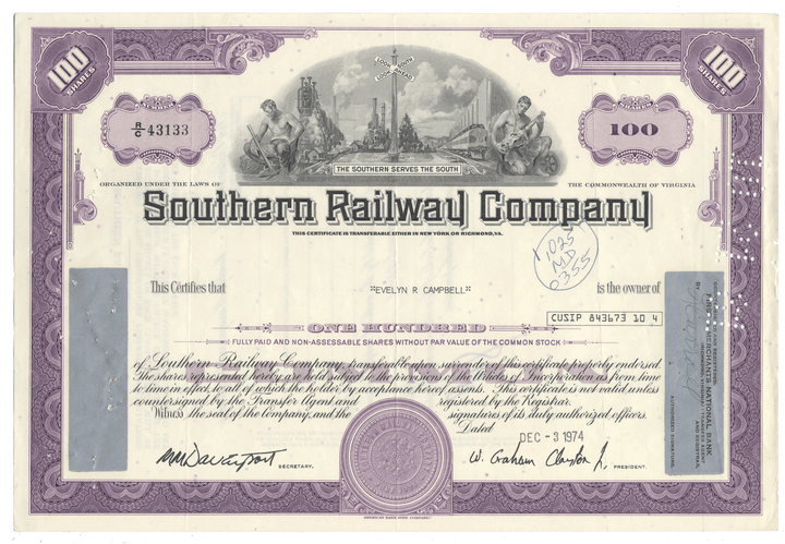 Southern Railway Company stock certificate from 1974