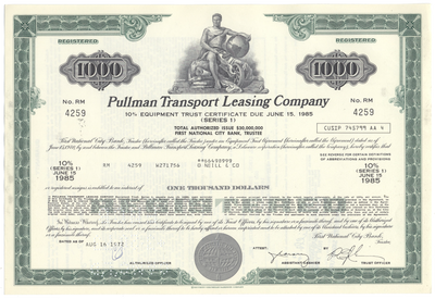 Pullman Transport Leasing Company Bond Certificate