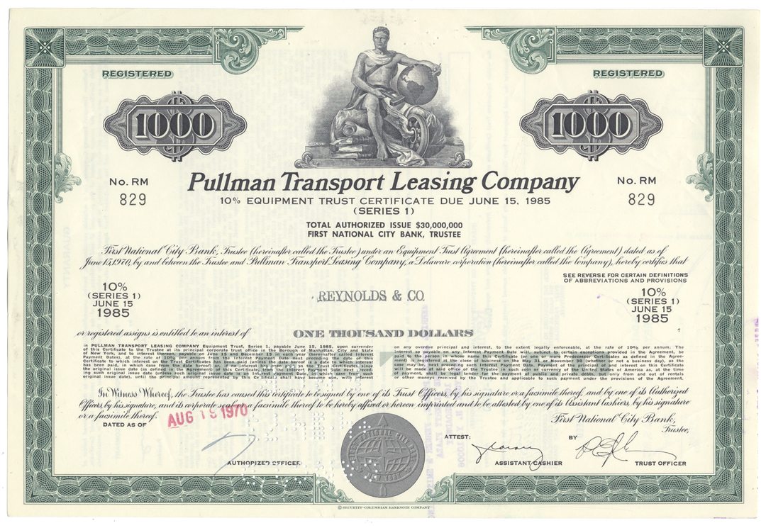 Pullman Transport Leasing Company Bond Certificate