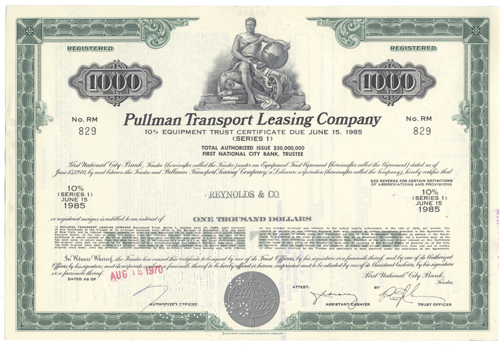 Pullman Transport Leasing Company Bond Certificate