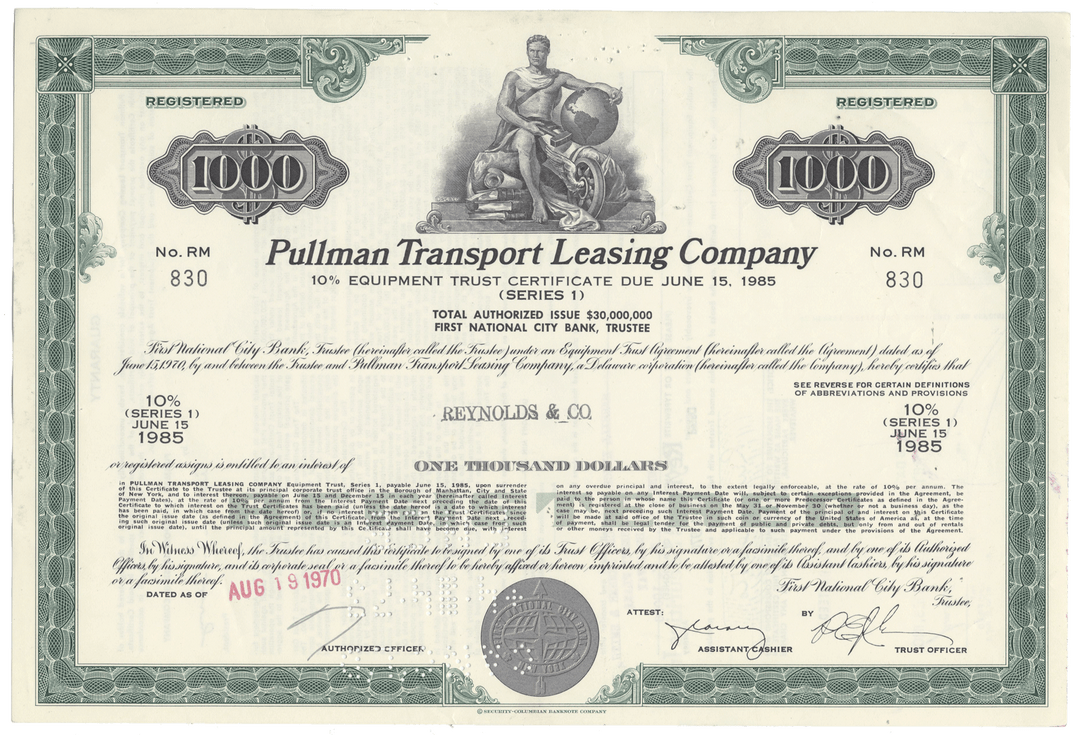 Stock certificate from Pullman Transport Leasing Company with detailed text and design elements.