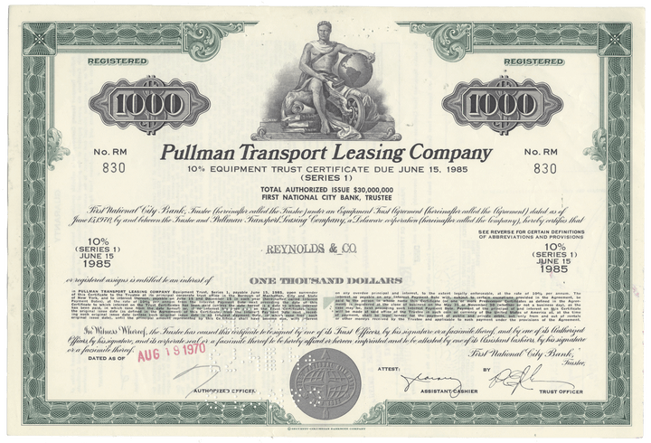 Stock certificate from Pullman Transport Leasing Company with detailed text and design elements.