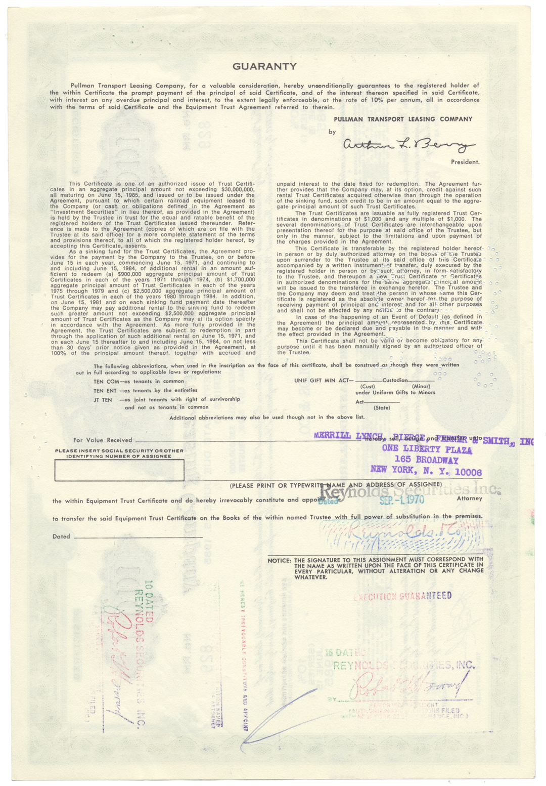 Pullman Transport Leasing Company Bond Certificate