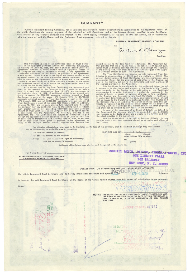 Pullman Transport Leasing Company Bond Certificate