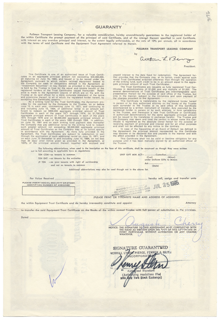 Pullman Transport Leasing Company Bond Certificate