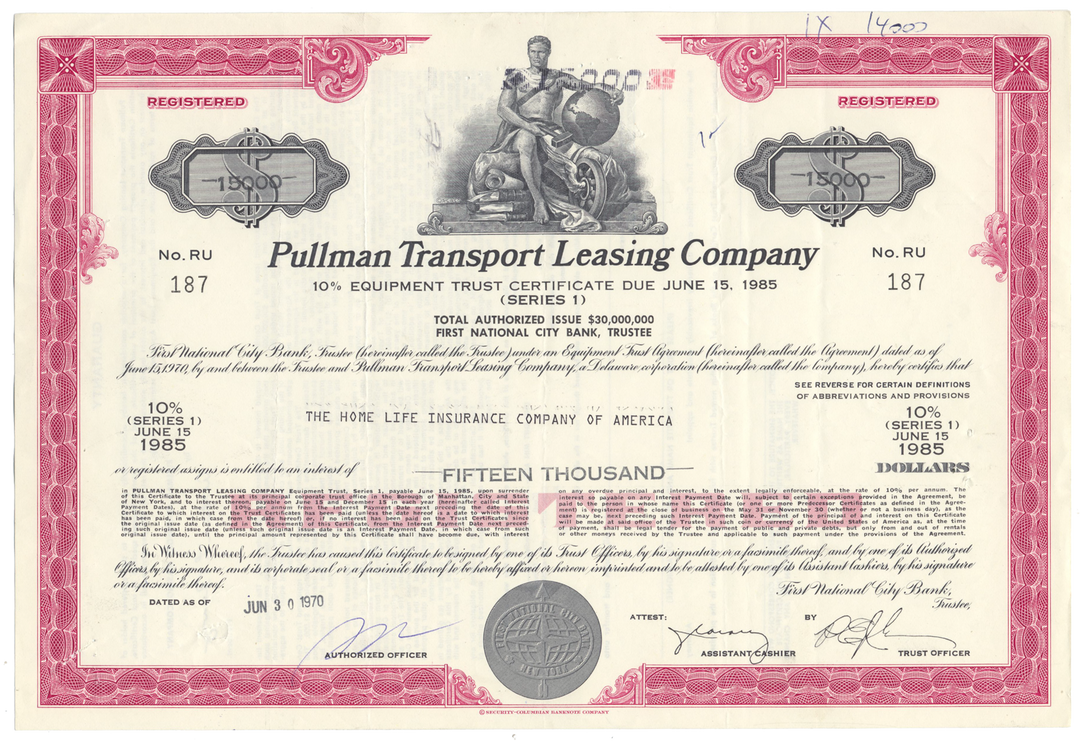 Pullman Transport Leasing Company Bond Certificate