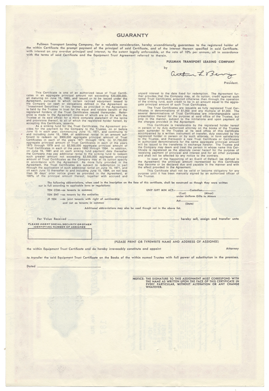 Pullman Transport Leasing Company Bond Certificate