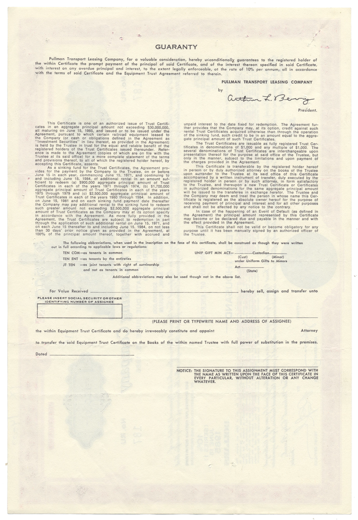 Pullman Transport Leasing Company Bond Certificate