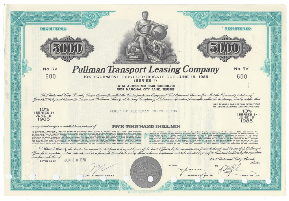 Pullman Transport Leasing Company stock certificate from 1970 with decorative border and text.