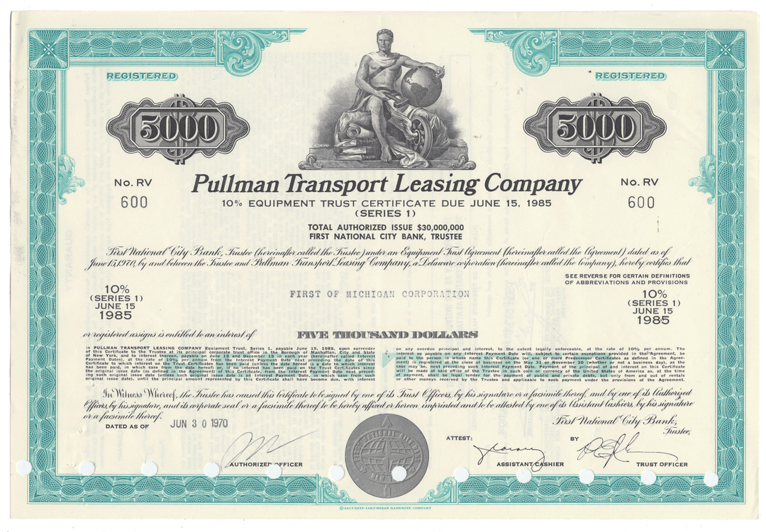 Pullman Transport Leasing Company stock certificate from 1970 with decorative border and text.