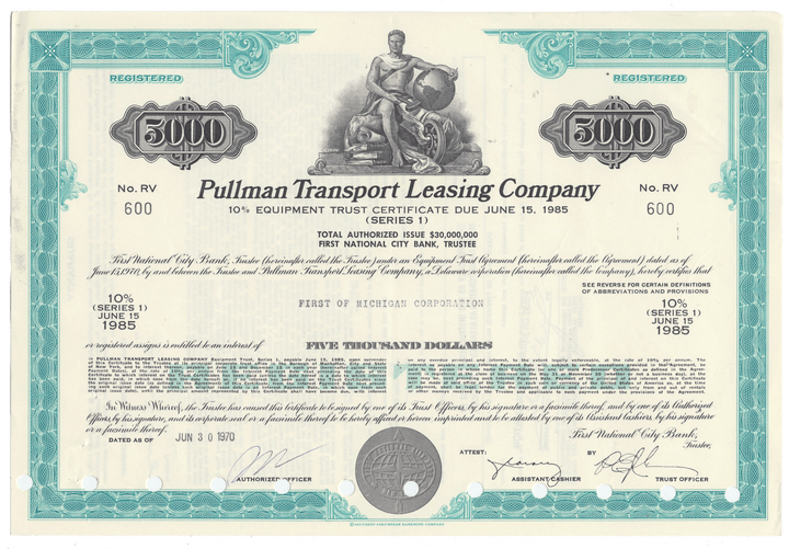 Pullman Transport Leasing Company stock certificate from 1970 with decorative border and text.