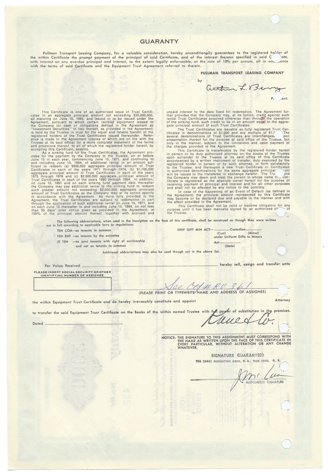 Pullman Transport Leasing Company Bond Certificate