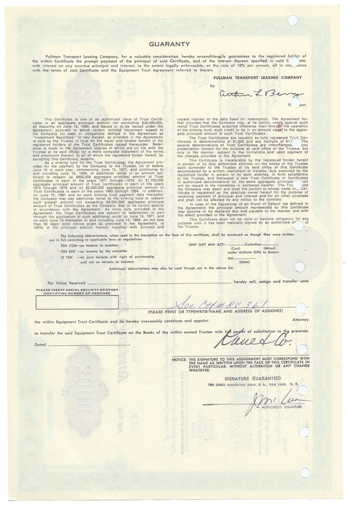 Pullman Transport Leasing Company Bond Certificate