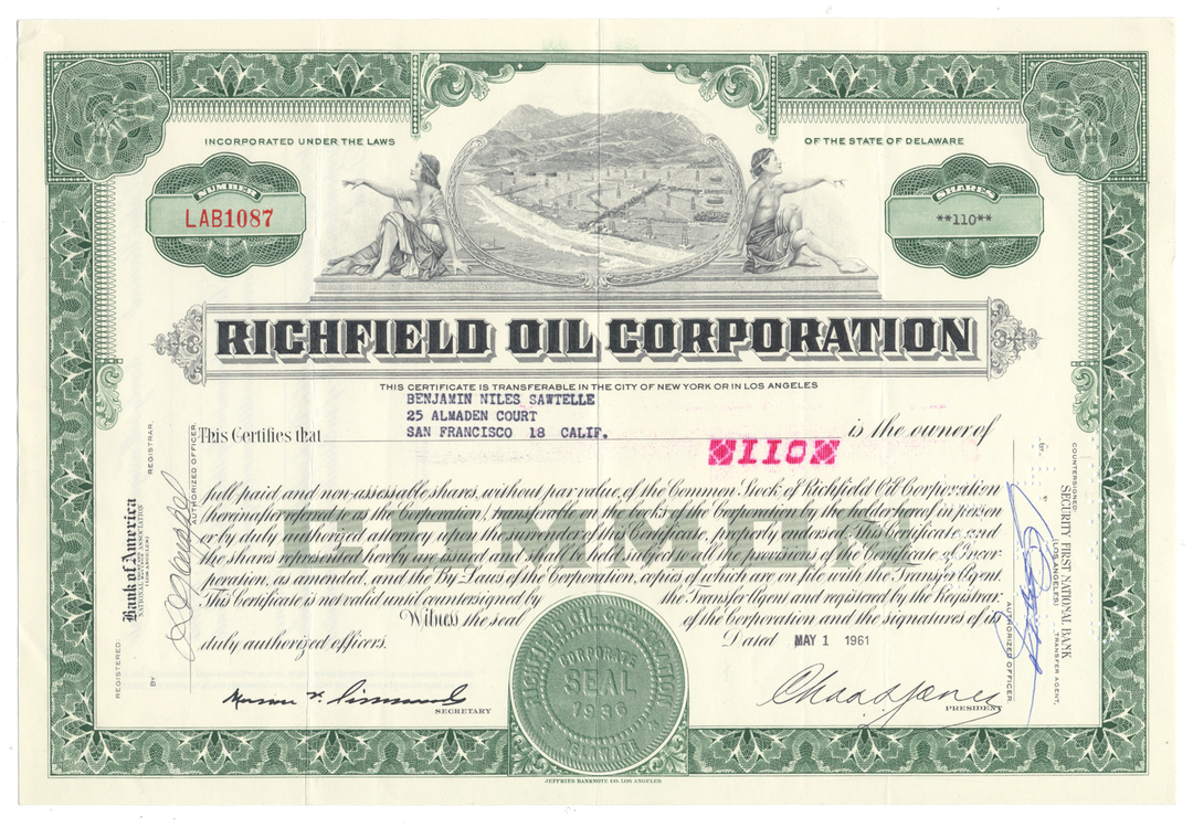 Richfield Oil Corporation Stock Certificate