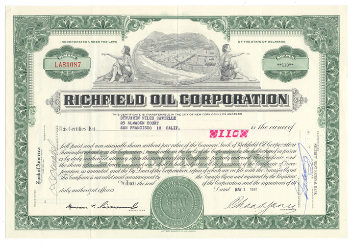 Richfield Oil Corporation Stock Certificate