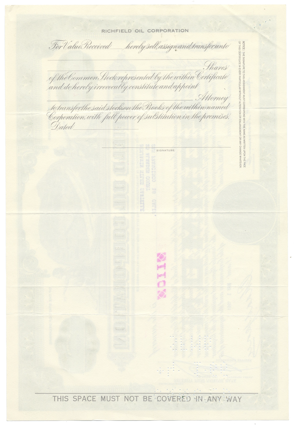 Richfield Oil Corporation Stock Certificate