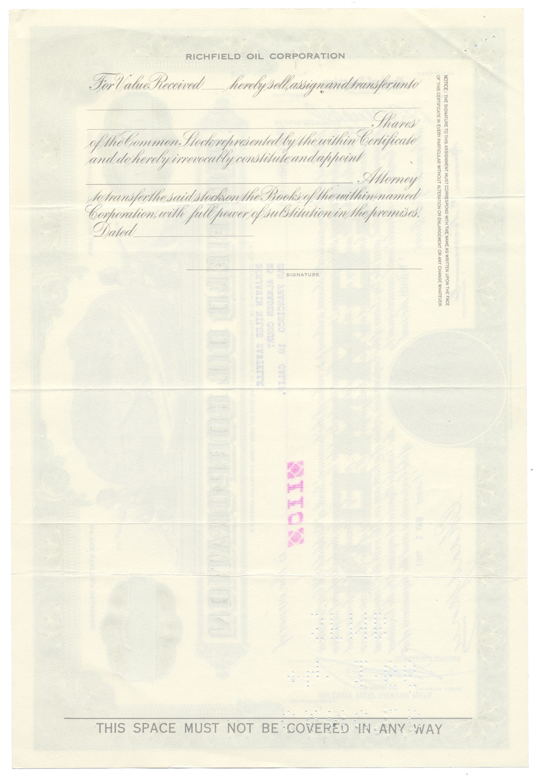 Richfield Oil Corporation Stock Certificate