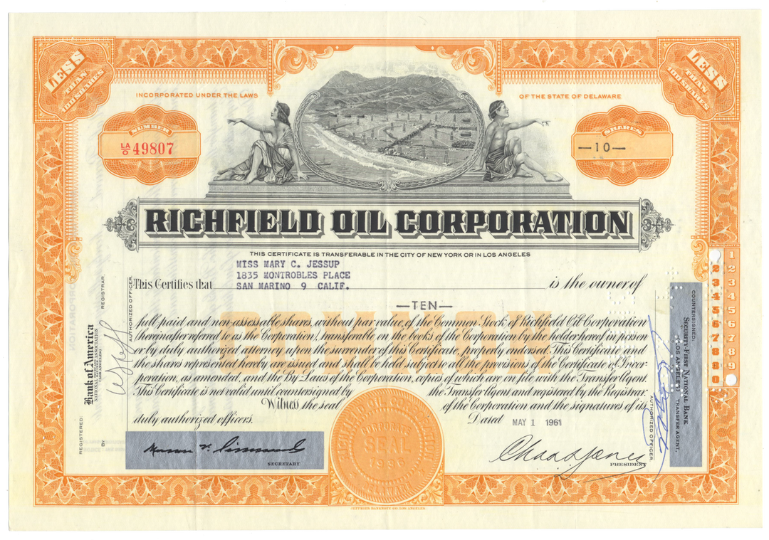 Richfield Oil Corporation Stock Certificate