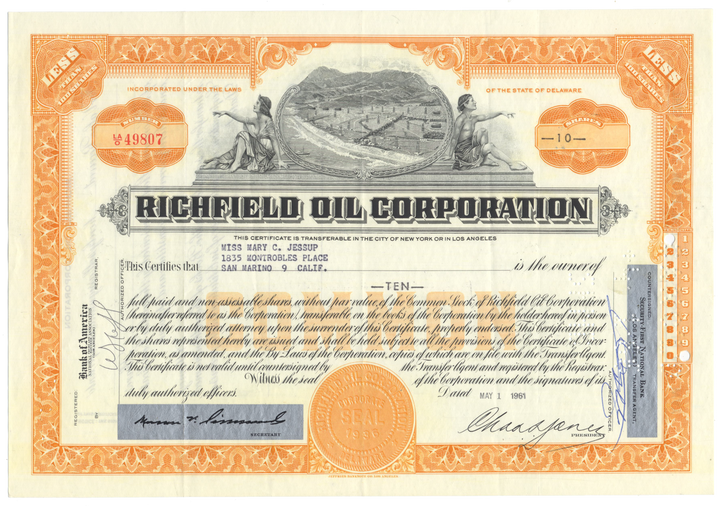 Richfield Oil Corporation Stock Certificate