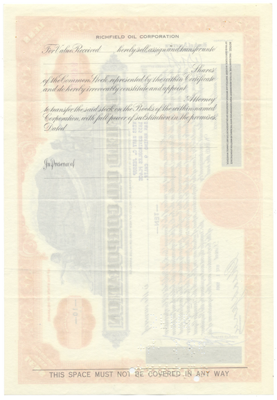 Richfield Oil Corporation Stock Certificate